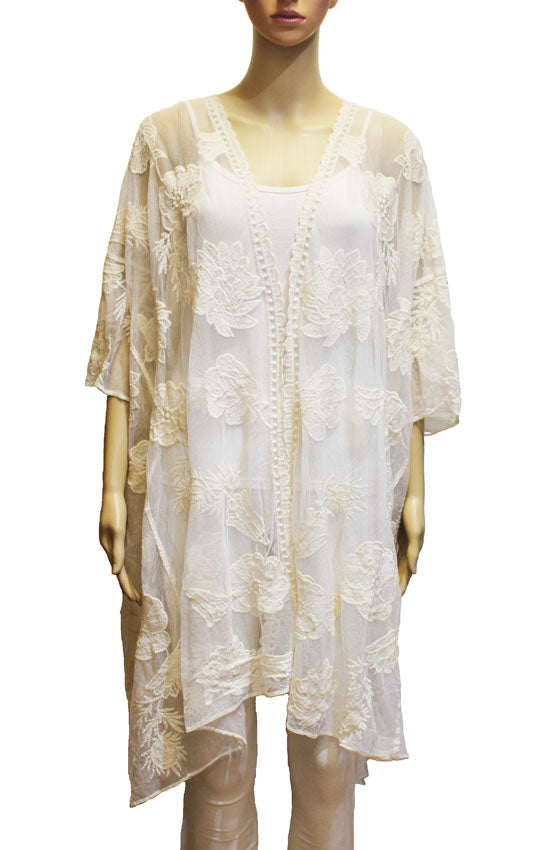 Sheer Floral Embroidered Kimono-SHW2307