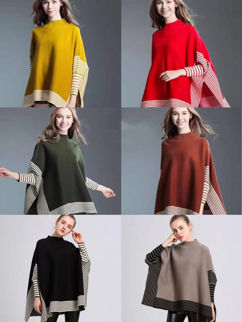 Striped Edge Knit Poncho-SHW2104